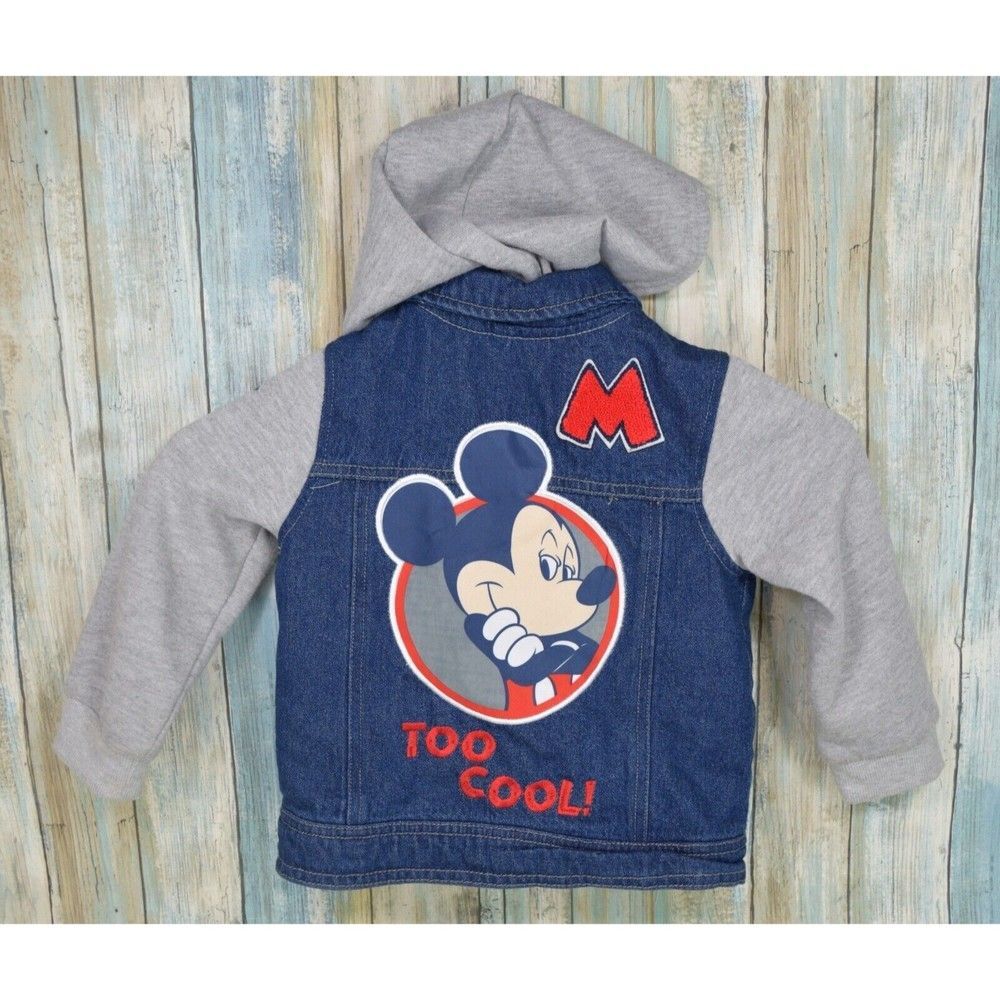 Mickey Mouse Toddler 3T Hooded Jean Jacket TOO COOL 28 Embroidered Snap Button